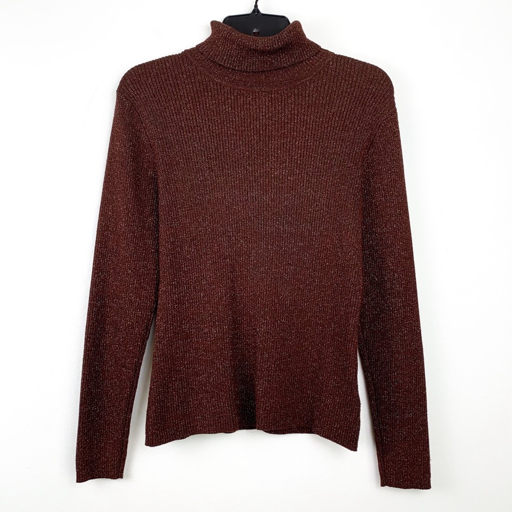 Vintage metallic turtleneck sweater chocolate brown with bronze threads, size LP